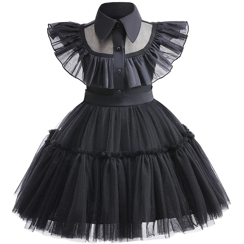 Disfraz Wednesday Niña Halloween - Vestido Negro Encaje Princesa 0-6 Años - Huellitas de Vida