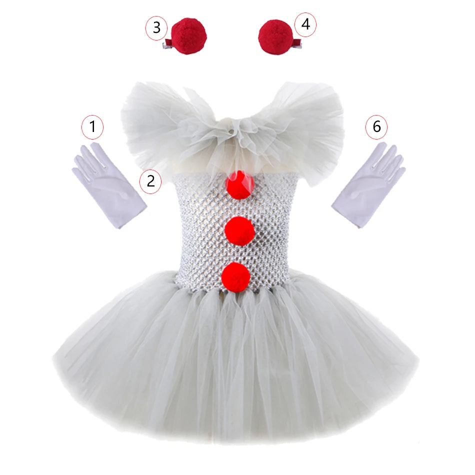 Disfraz Payaso Niña Halloween - Vestido Tutú Gris Cosplay Terror 3-12 Años - Huellitas de Vida