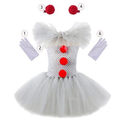 Disfraz Payaso Niña Halloween - Vestido Tutú Gris Cosplay Terror 3-12 Años - Huellitas de Vida
