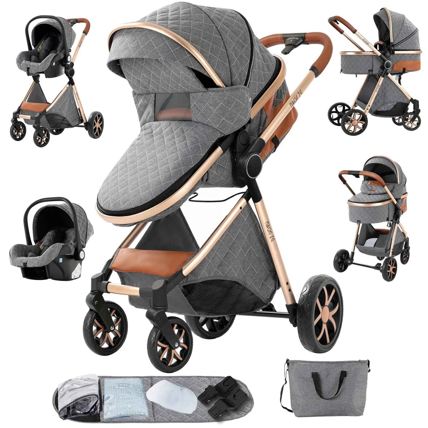3-in-1 High Landscape Baby Stroller Travel System Bassinet Car Seat Lightweight Frame with One-Hand Folding Feature Baby Items