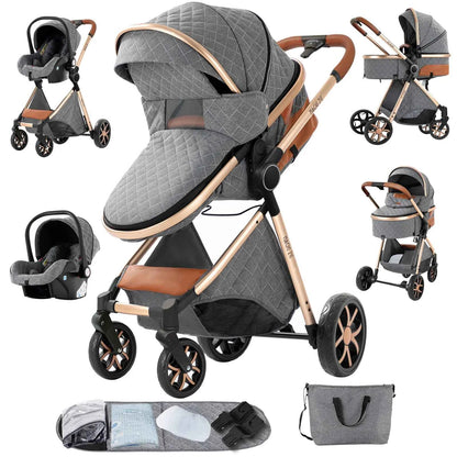3-in-1 High Landscape Baby Stroller Travel System Bassinet Car Seat Lightweight Frame with One-Hand Folding Feature Baby Items