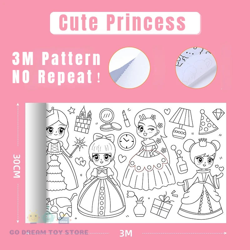 Rollo Papel Colorear DIY 300cm Niños - Papel Graffiti Adhesivo Educativo