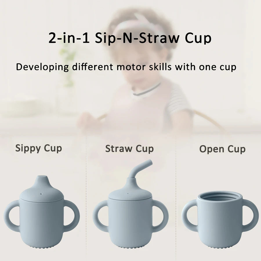 Vaso Sippy Silicona Bebé Doble Tapa - Botella Agua Portátil Aprendizaje Alimentación Sin BPA - Huellitas de Vida