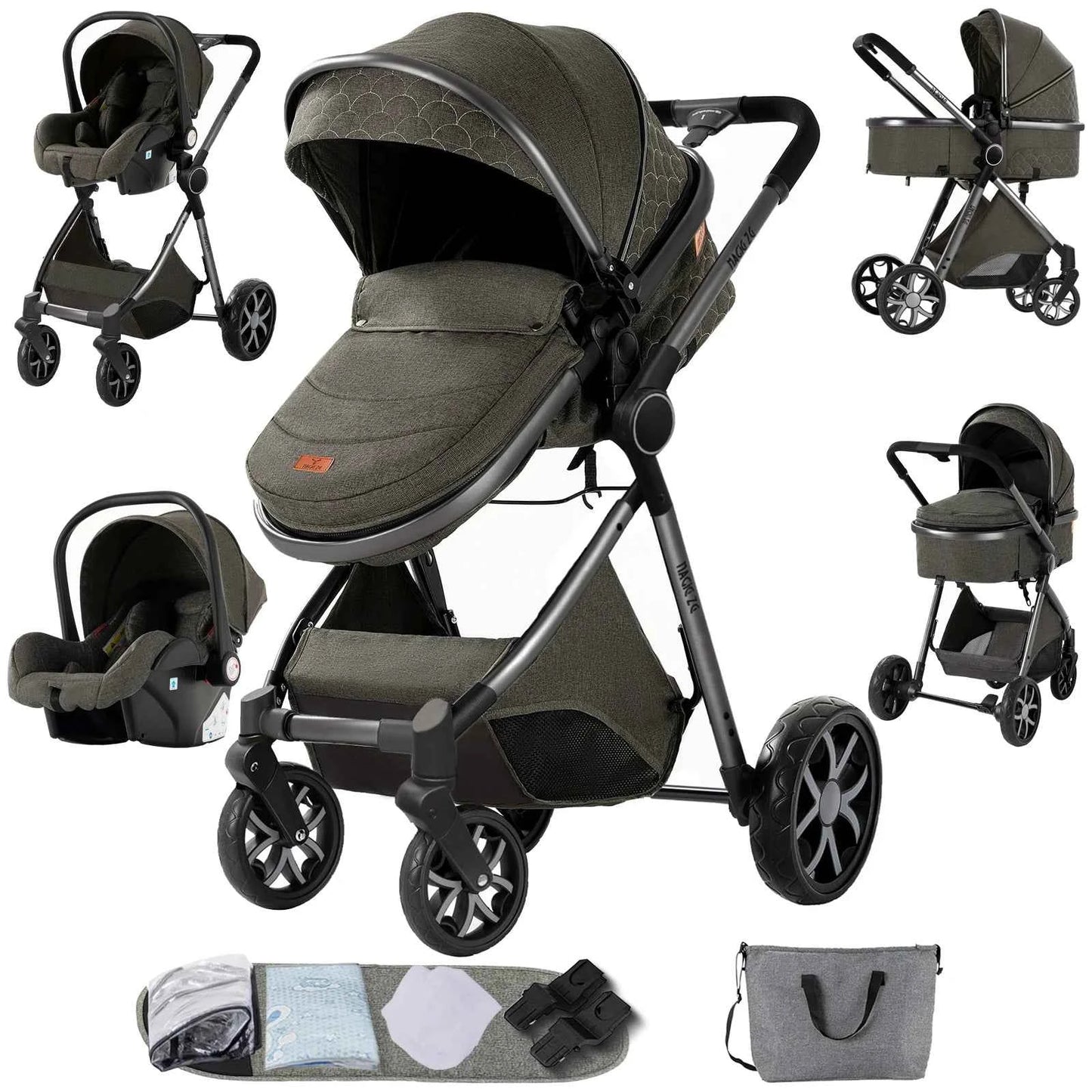 3-in-1 High Landscape Baby Stroller Travel System Bassinet Car Seat Lightweight Frame with One-Hand Folding Feature Baby Items