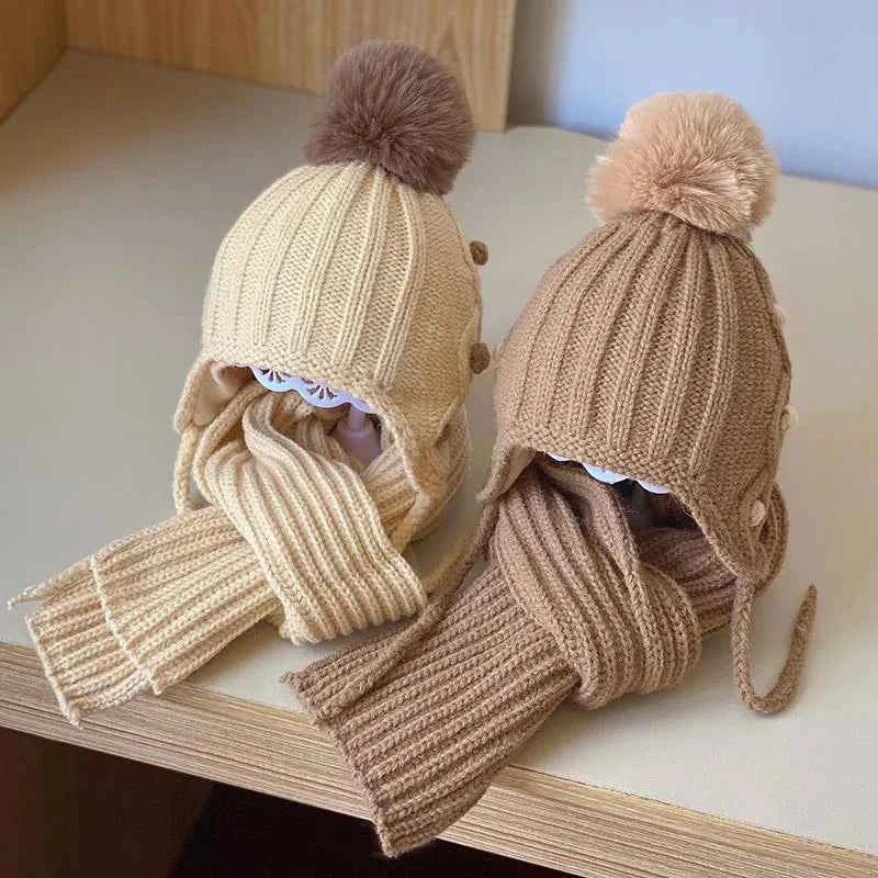 2Pcs Winter Baby Hat Scarf Gloves Set Solid Color Toddler Bonnet Cute Pompom Knitted Hats Outdoor Warm Infant Accessories 1-5Y