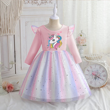 Vestido Unicornio Niña Primavera - Manga Larga Princesa Arcoíris Fiesta - Huellitas de Vida