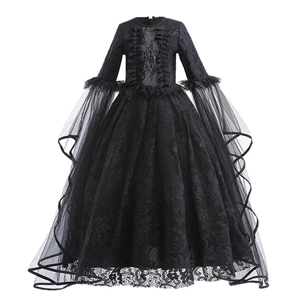Disfraz Bruja Niña Halloween - Vestido Negro Lujo Encaje Lentejuelas Maleficent - Huellitas de Vida