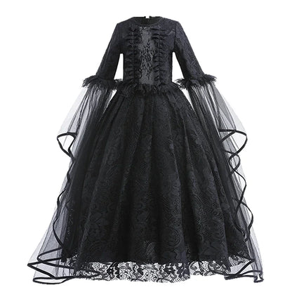 Disfraz Bruja Niña Halloween - Vestido Negro Lujo Encaje Lentejuelas Maleficent - Huellitas de Vida