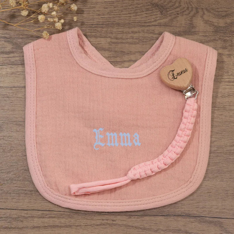 Set Baberos Cadena Chupete Personalizado - Babero Algodón Bordado Nombre Regalo Bautizo Baby Shower - Huellitas de Vida