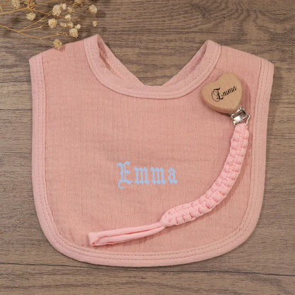 Set Baberos Cadena Chupete Personalizado - Babero Algodón Bordado Nombre Regalo Bautizo Baby Shower - Huellitas de Vida