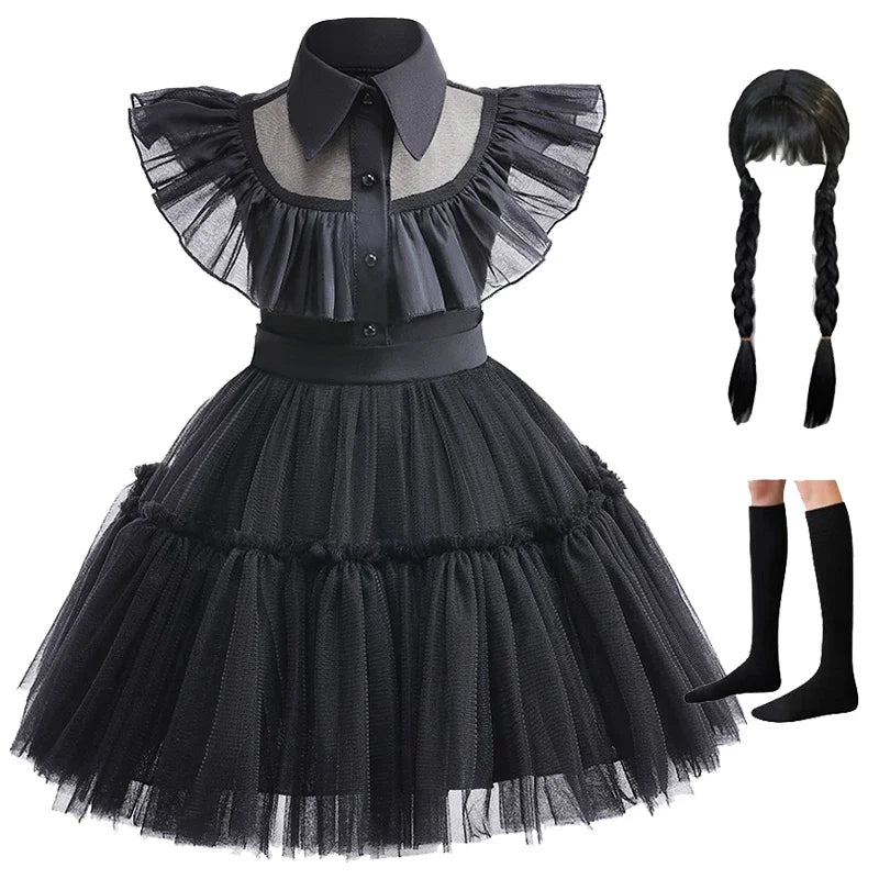 Disfraz Wednesday Niña Halloween - Vestido Negro Encaje Princesa 0-6 Años - Huellitas de Vida