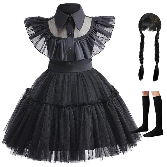 Disfraz Wednesday Niña Halloween - Vestido Negro Encaje Princesa 0-6 Años - Huellitas de Vida