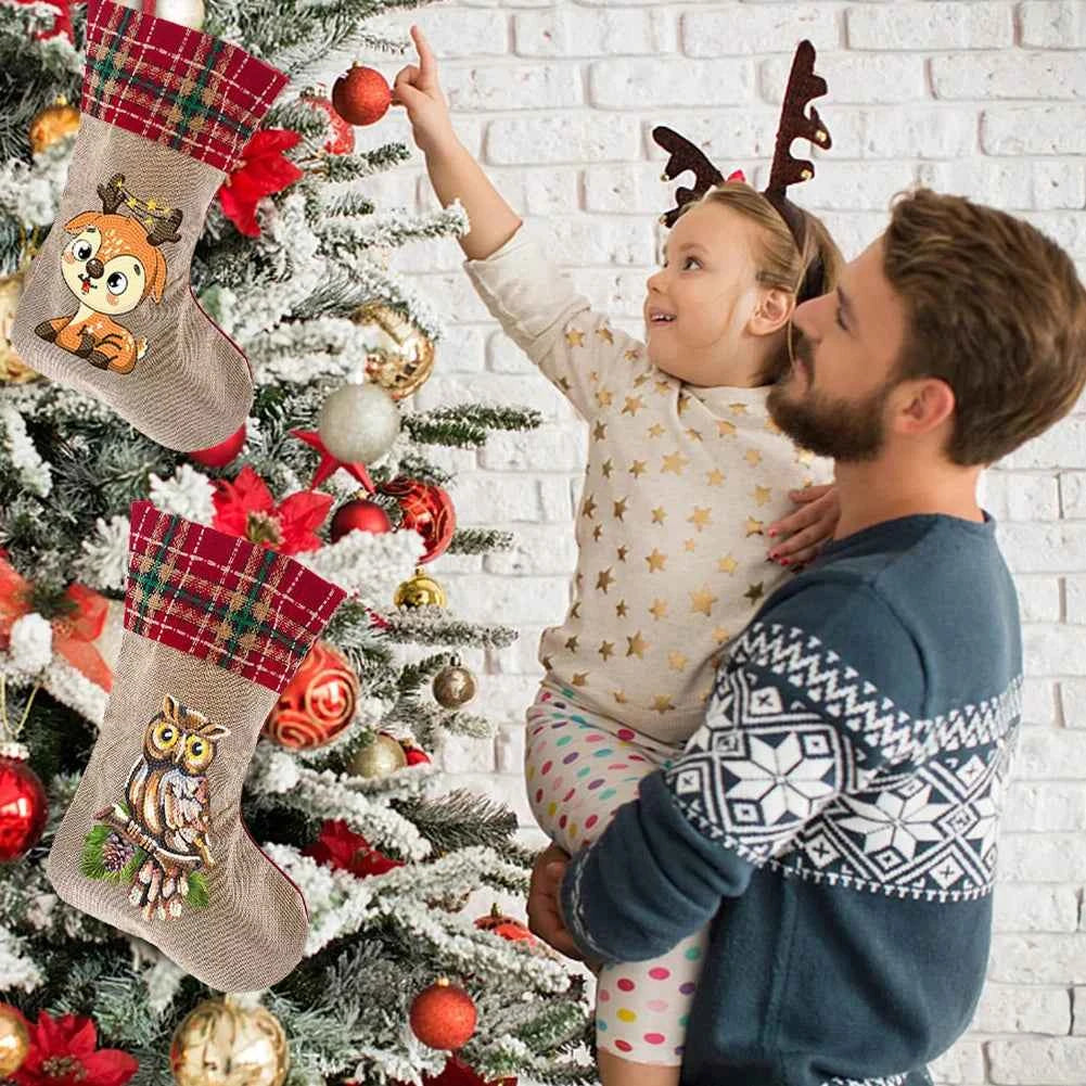 Calcetín Navidad Diamantes Chimenea - Muñeco Nieve Búho Pino Decoración Familiar