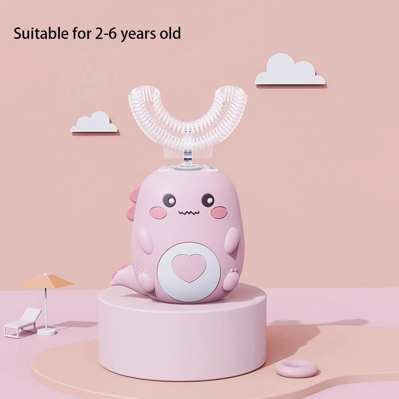 Cepillo Eléctrico Forma U Niños 360° - Cepillo Dientes Automático Recargable Silicona Rosa - Huellitas de Vida