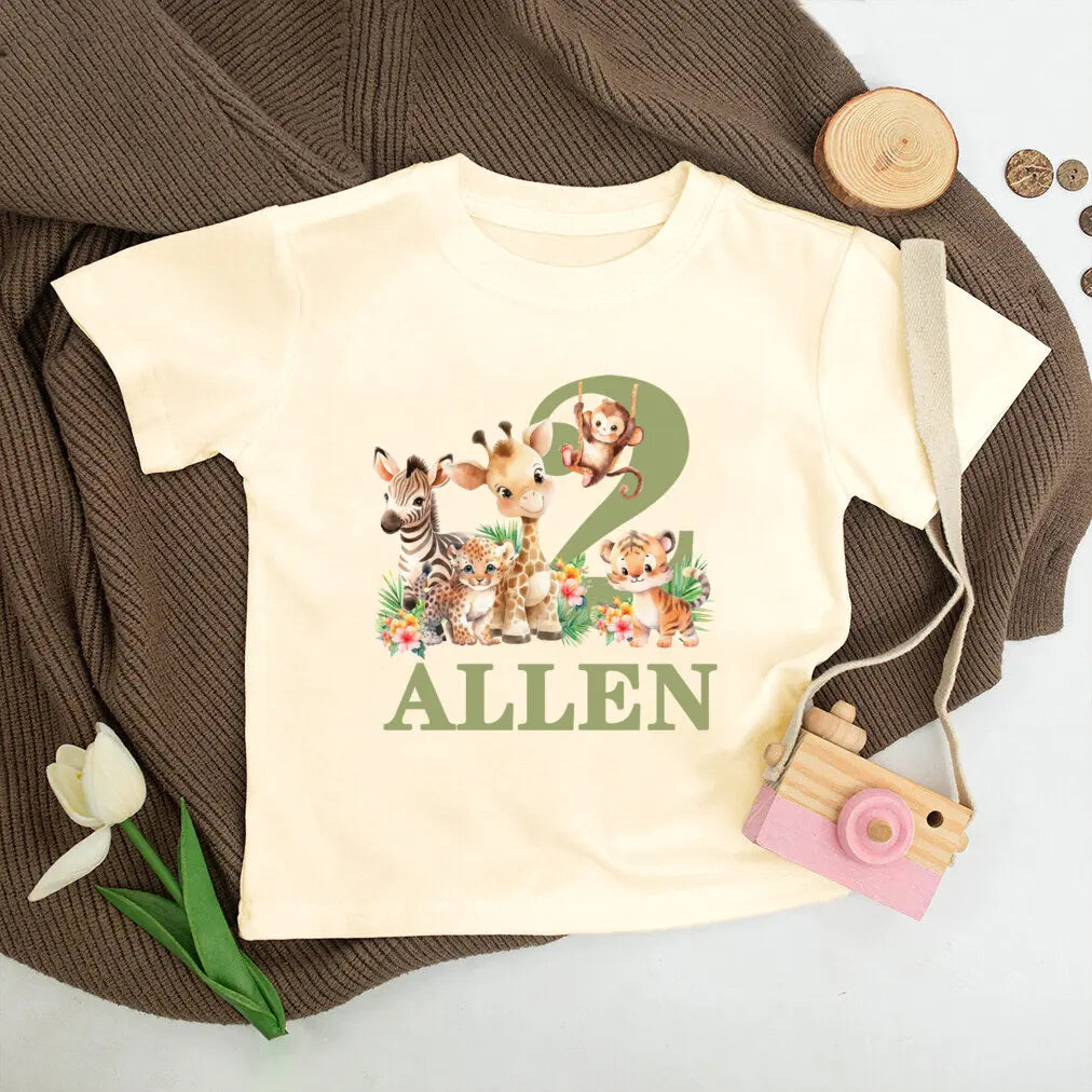 Camiseta Cumpleaños Personalizada 1-5 Años - Tema Safari Animales con Nombre - Huellitas de Vida