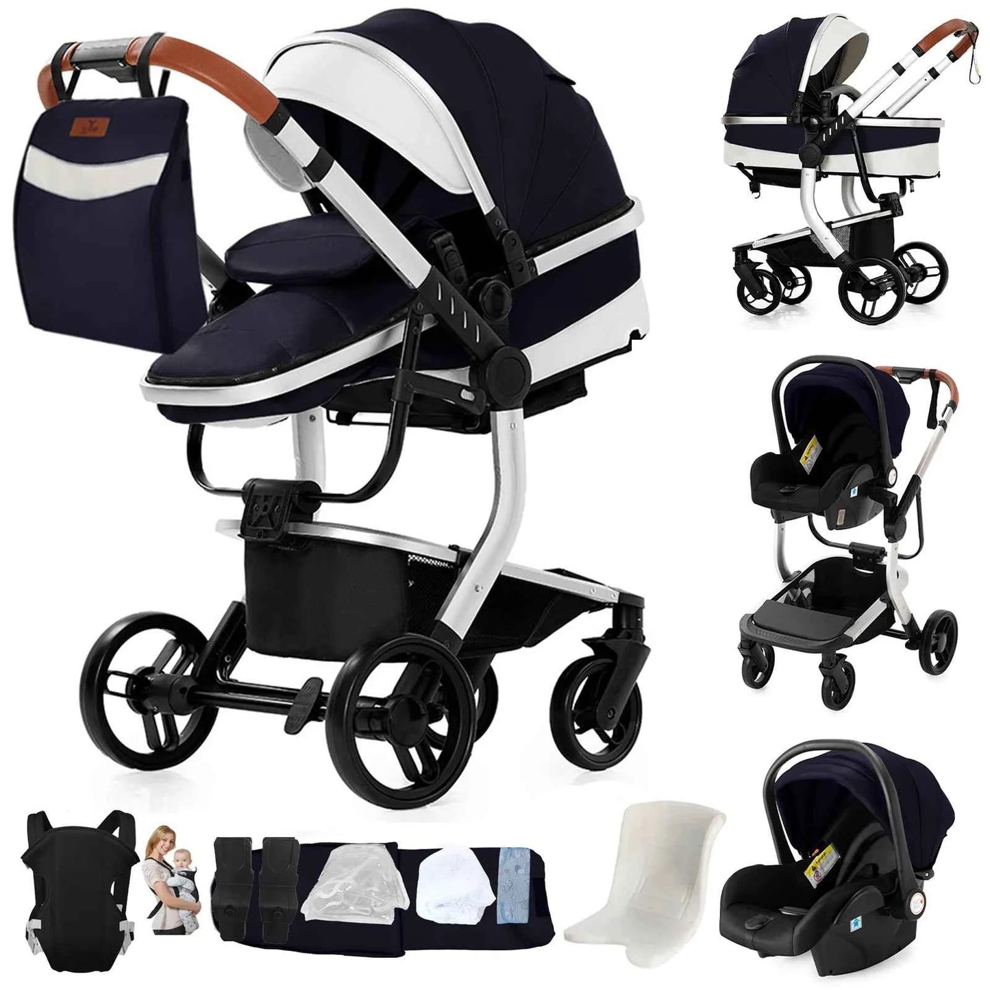 Cochecito Bebé 3 en 1 Silla Coche Piel Impermeable - Sistema Viaje Reclinable Paisaje Alto