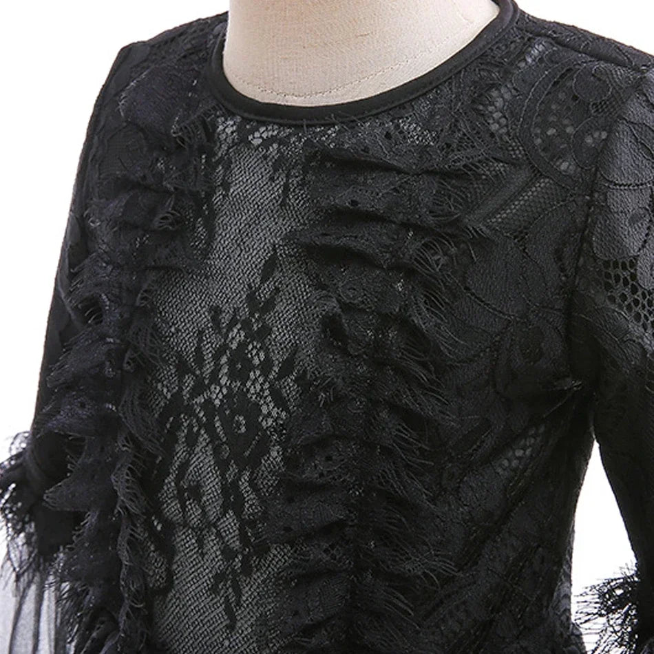 Disfraz Bruja Niña Halloween - Vestido Negro Lujo Encaje Lentejuelas Maleficent - Huellitas de Vida