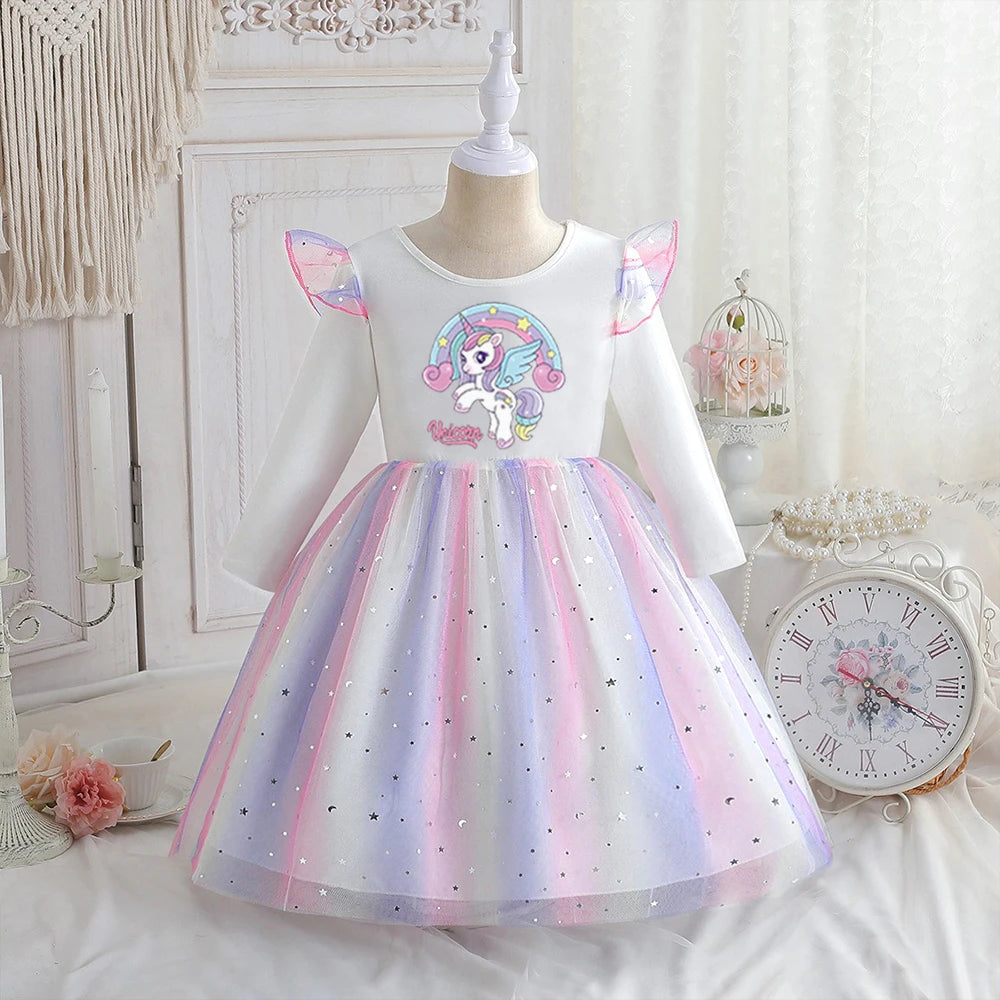 Vestido Unicornio Niña Primavera - Manga Larga Princesa Arcoíris Fiesta - Huellitas de Vida