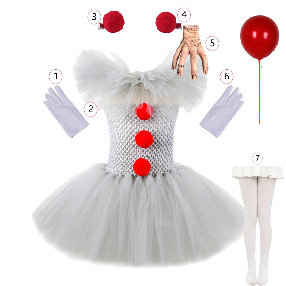 Disfraz Payaso Niña Halloween - Vestido Tutú Gris Cosplay Terror 3-12 Años - Huellitas de Vida