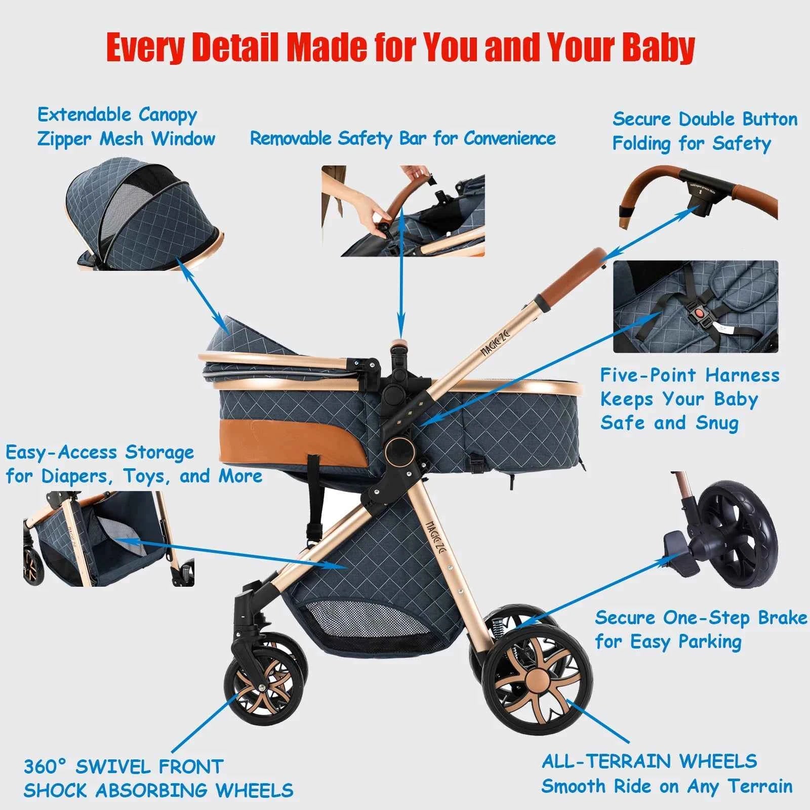 3-in-1 High Landscape Baby Stroller Travel System Bassinet Car Seat Lightweight Frame with One-Hand Folding Feature Baby Items