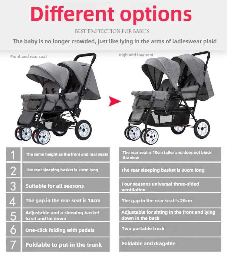 Cochecito Doble Ligero 4 Ruedas - Asientos Delantero y Trasero Plegable con Capota Lluvia Gratis