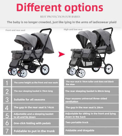 Cochecito Doble Ligero 4 Ruedas - Asientos Delantero y Trasero Plegable con Capota Lluvia Gratis