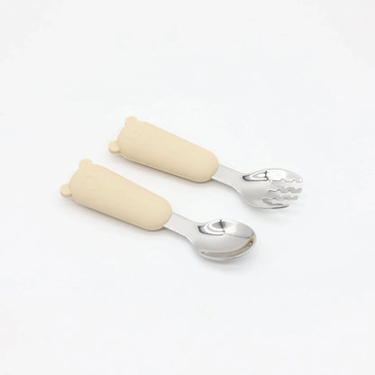 Cubiertos Bebé Acero Inoxidable 304 - Cuchara Tenedor Osito Alimentación Complementaria Segura - Huellitas de Vida
