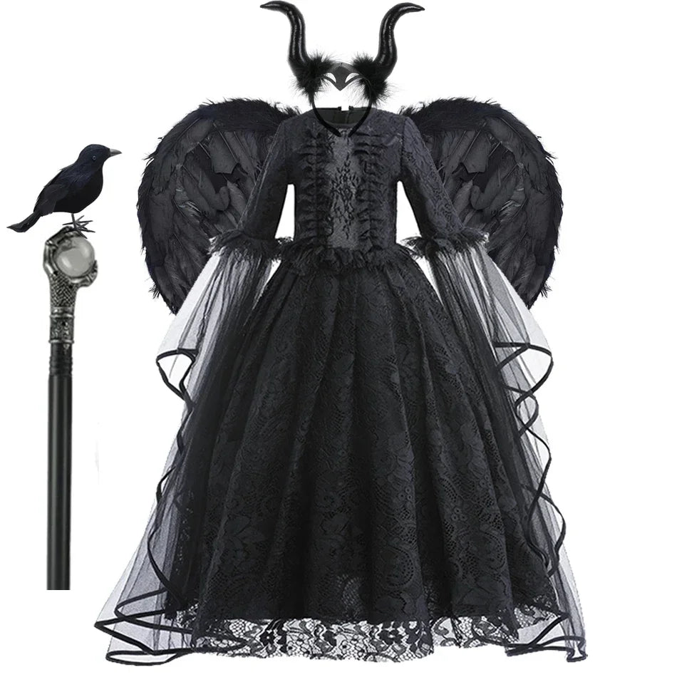 Disfraz Bruja Niña Halloween - Vestido Negro Lujo Encaje Lentejuelas Maleficent - Huellitas de Vida