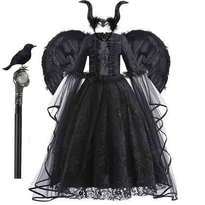 Disfraz Bruja Niña Halloween - Vestido Negro Lujo Encaje Lentejuelas Maleficent - Huellitas de Vida