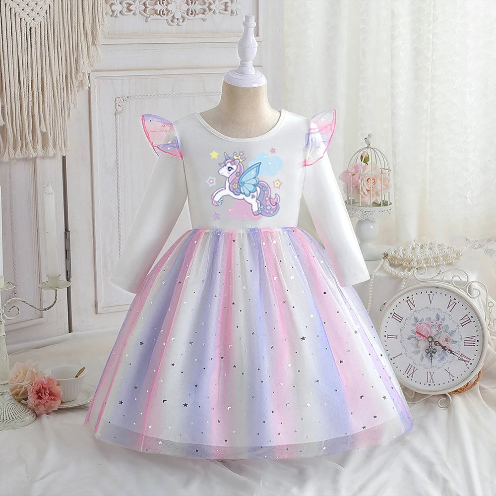 Vestido Unicornio Niña Primavera - Manga Larga Princesa Arcoíris Fiesta - Huellitas de Vida