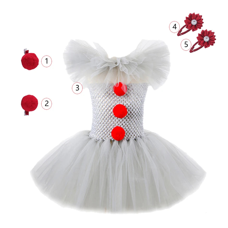 Disfraz Payaso Niña Halloween - Vestido Tutú Gris Cosplay Terror 3-12 Años - Huellitas de Vida