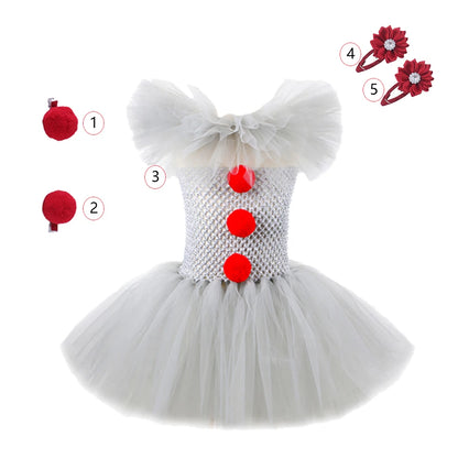 Disfraz Payaso Niña Halloween - Vestido Tutú Gris Cosplay Terror 3-12 Años - Huellitas de Vida