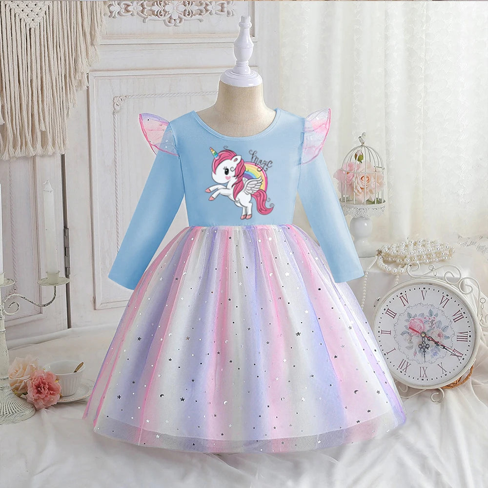 Vestido Unicornio Niña Primavera - Manga Larga Princesa Arcoíris Fiesta - Huellitas de Vida
