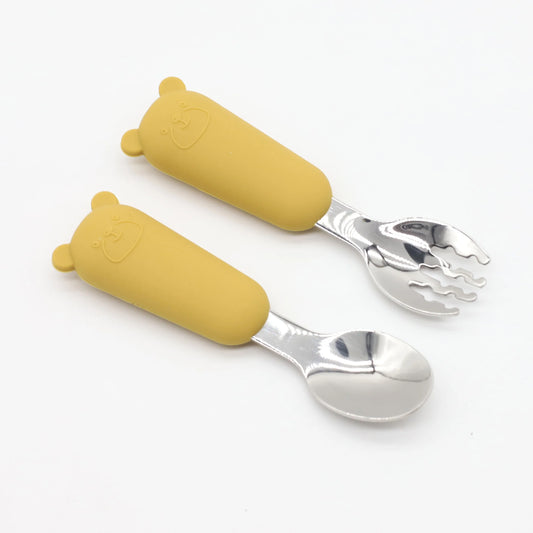 Cubiertos Bebé Acero Inoxidable 304 - Cuchara Tenedor Osito Alimentación Complementaria Segura - Huellitas de Vida