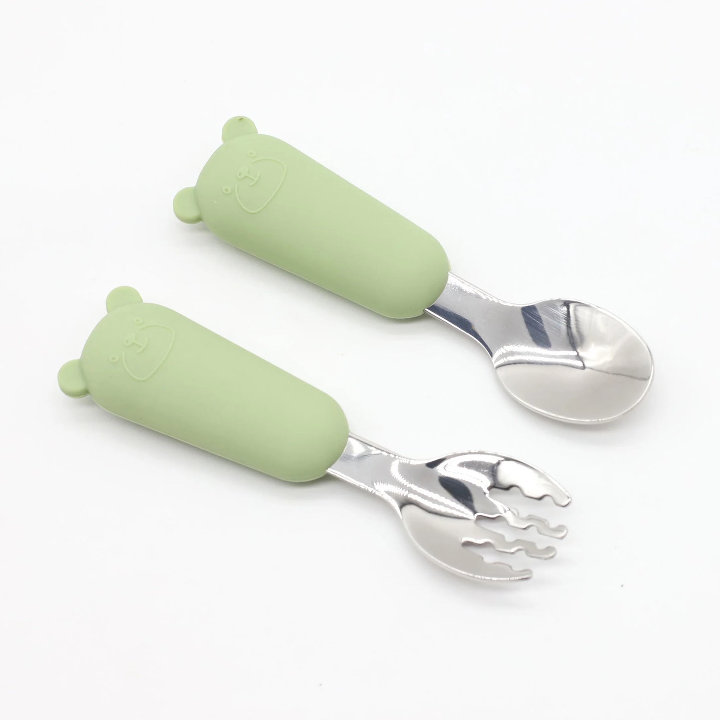 Cubiertos Bebé Acero Inoxidable 304 - Cuchara Tenedor Osito Alimentación Complementaria Segura - Huellitas de Vida