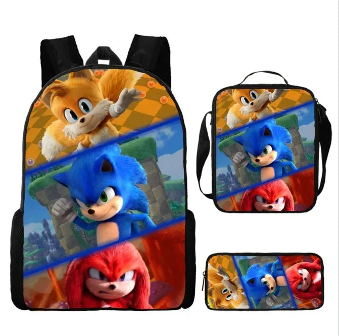 Set Mochila Sonic 3 Piezas - Mochila Escolar + Bolsa Almuerzo + Estuche - Huellitas de Vida
