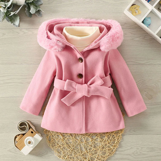 Abrigo Invierno Niñas Terciopelo Capucha - Abrigo Cálido Manga Larga Lazo Cintura Color Sólido - Huellitas de Vida