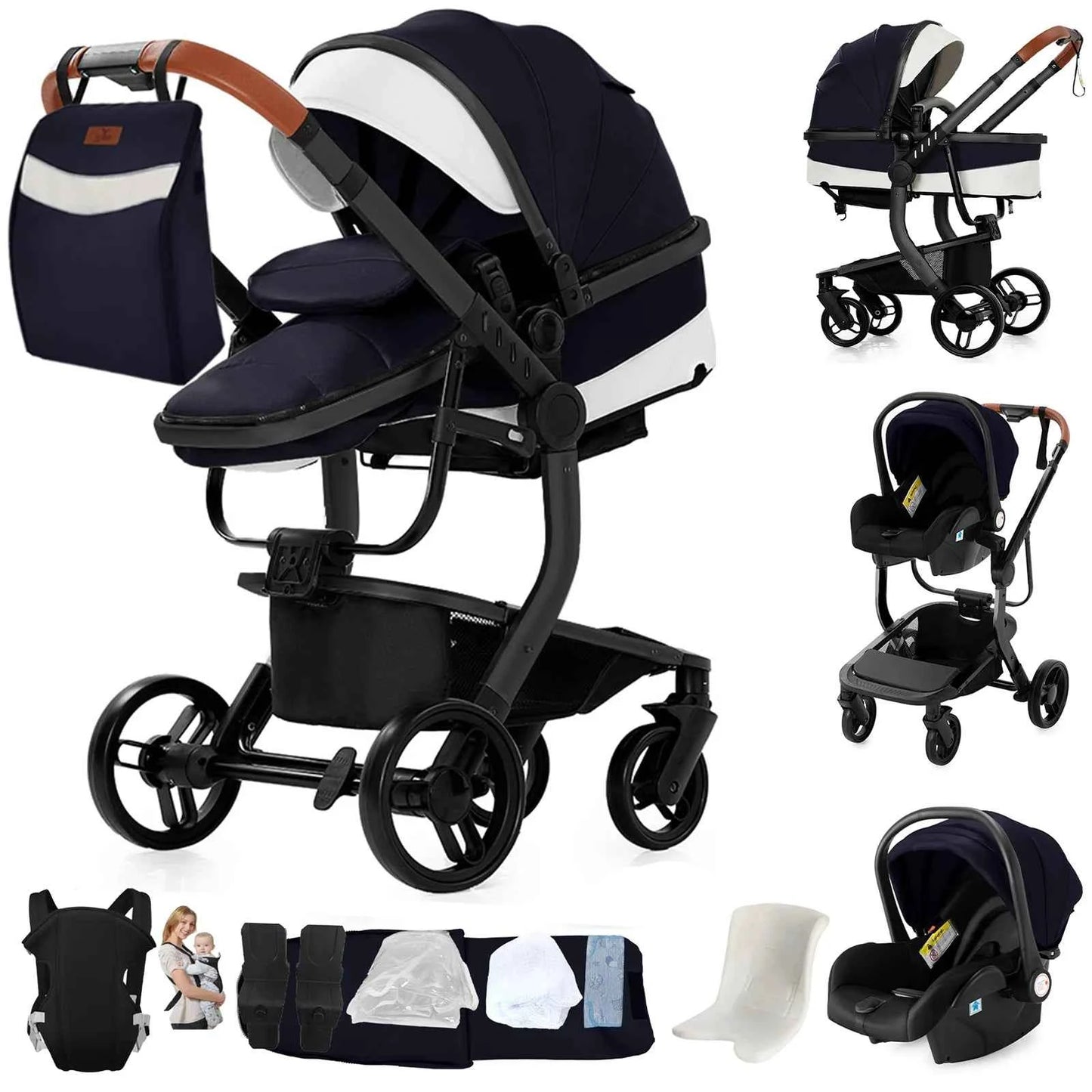 Cochecito Bebé 3 en 1 Silla Coche Piel Impermeable - Sistema Viaje Reclinable Paisaje Alto