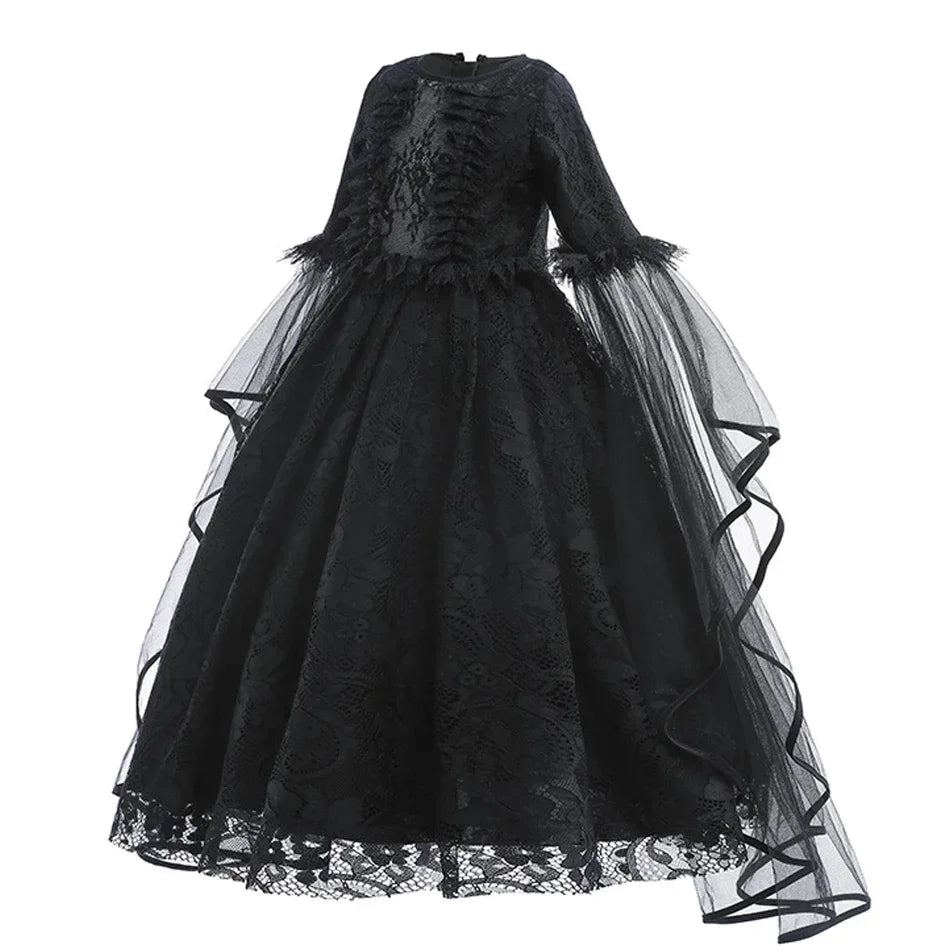Disfraz Bruja Niña Halloween - Vestido Negro Lujo Encaje Lentejuelas Maleficent - Huellitas de Vida