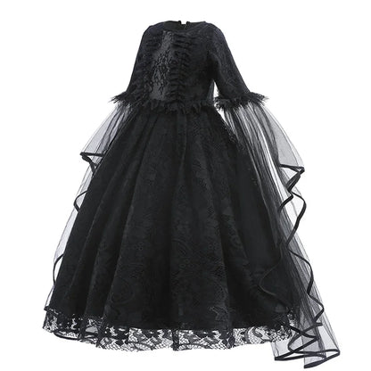 Disfraz Bruja Niña Halloween - Vestido Negro Lujo Encaje Lentejuelas Maleficent - Huellitas de Vida