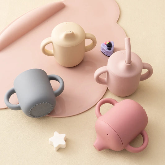 Vaso Sippy Silicona Bebé Doble Tapa - Botella Agua Portátil Aprendizaje Alimentación Sin BPA - Huellitas de Vida