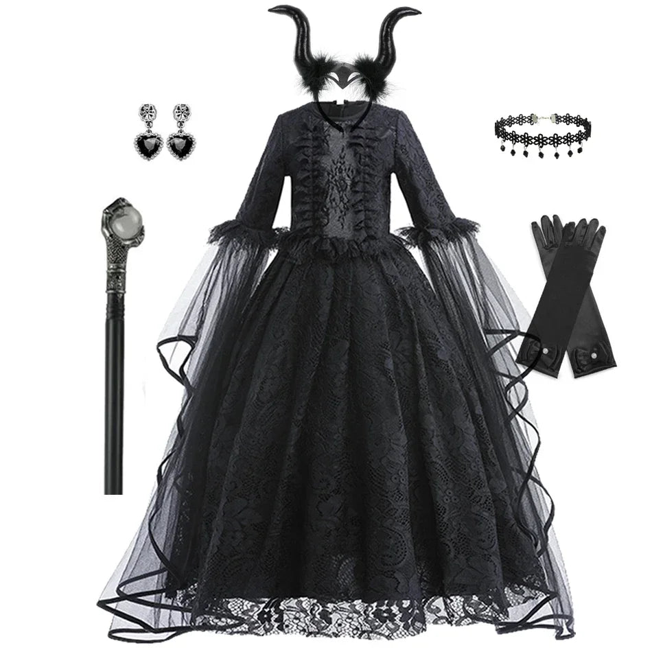 Disfraz Bruja Niña Halloween - Vestido Negro Lujo Encaje Lentejuelas Maleficent - Huellitas de Vida