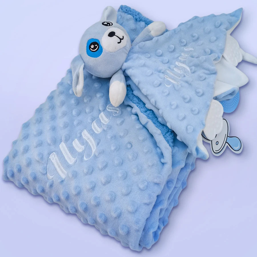 Set Manta Personalizada Muñeco Seguridad Bebé - Manta Nombre Animal Cochecito Regalo 2 Piezas - Huellitas de Vida