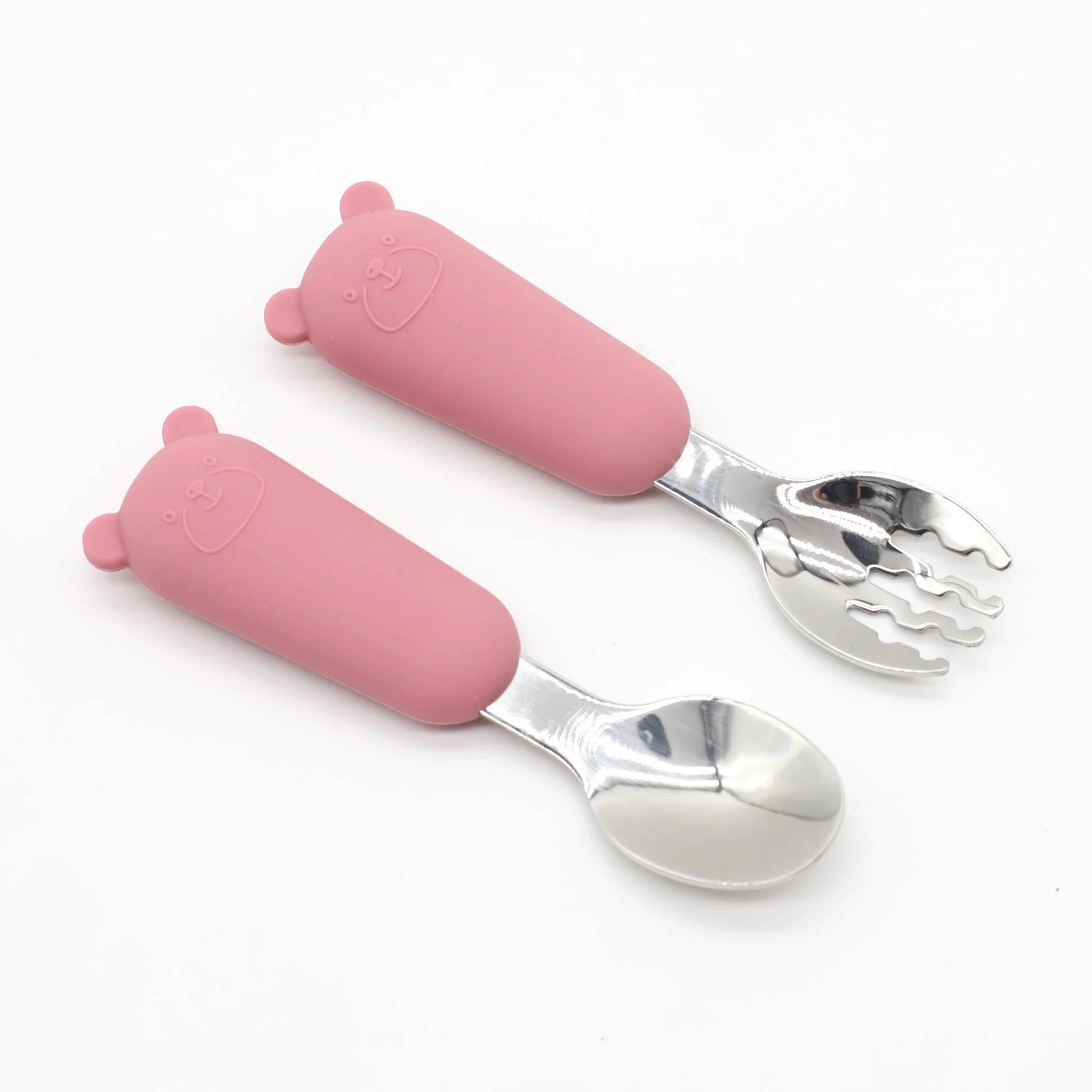 Cubiertos Bebé Acero Inoxidable 304 - Cuchara Tenedor Osito Alimentación Complementaria Segura - Huellitas de Vida