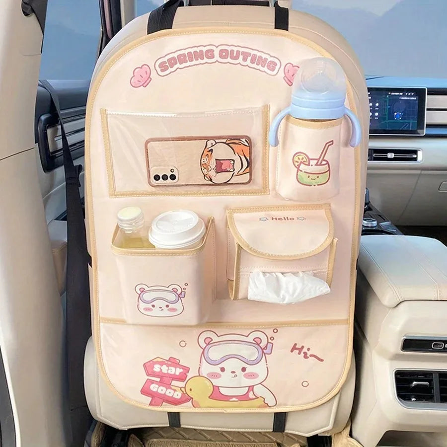 Organizador Asiento Trasero Coche Bebé - Protector Anti-Patadas Almacenamiento Dibujos Animados - Huellitas de Vida