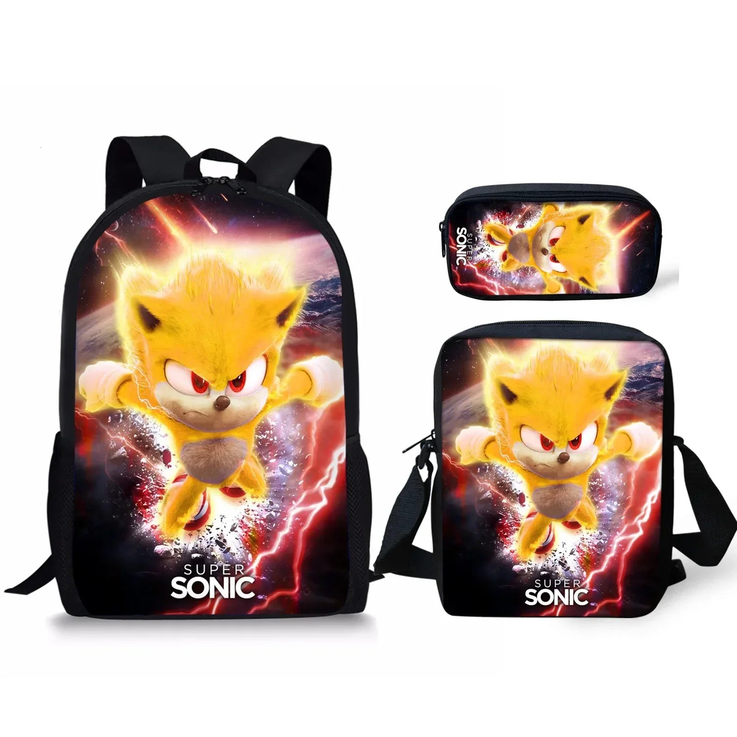 Set Mochila Sonic 3 Piezas - Mochila Escolar + Bolsa Almuerzo + Estuche - Huellitas de Vida