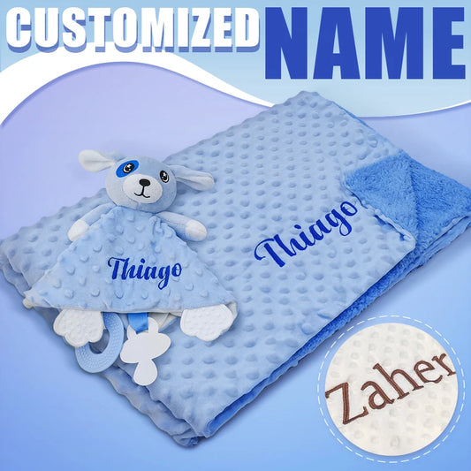 Set Manta Personalizada Muñeco Seguridad Bebé - Manta Nombre Animal Cochecito Regalo 2 Piezas - Huellitas de Vida
