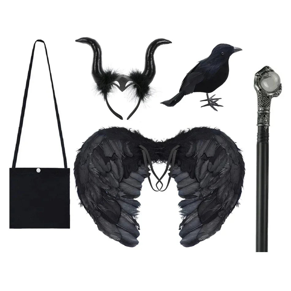 Disfraz Bruja Niña Halloween - Vestido Negro Lujo Encaje Lentejuelas Maleficent - Huellitas de Vida