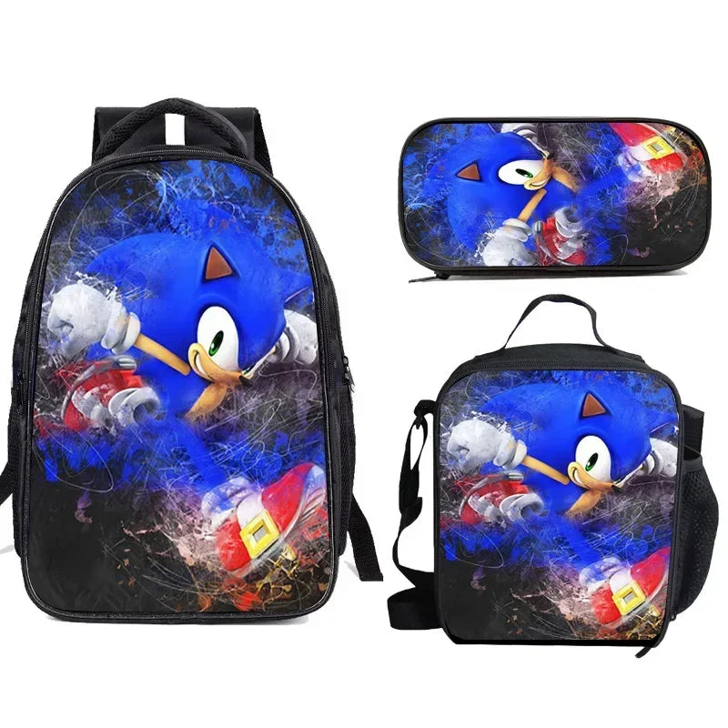 Set Mochila Sonic 3 Piezas - Mochila Escolar + Bolsa Almuerzo + Estuche - Huellitas de Vida