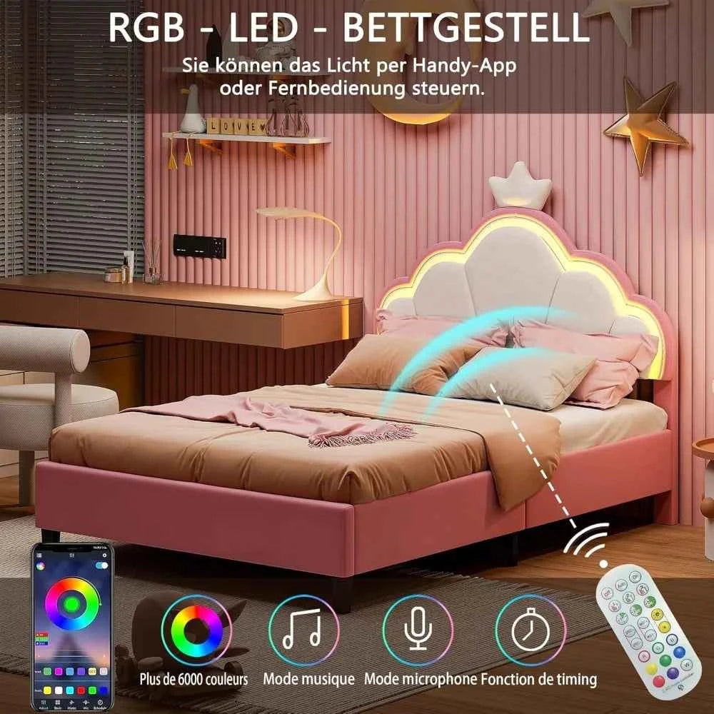 Cama Infantil Princesa 90x200 Acolchada Altura Ajustable - Cabecero Corona LED